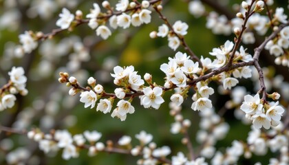 Delicate White Blossoms on a Branch Surrounded by Lush Greenery in a Natural Setting during Springtime