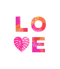 Love lettering fashion print collection. Part 1 with abstract pattern with monstera leaves for t-shirt, bag design, poster isolated on white