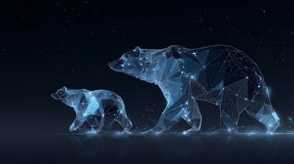 Digital artistic depiction of a large bear and cub composed of geometric shapes with lines connecting nodes, over a dark background