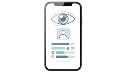 Closeup of a smartphone icon for an eye alignment home monitoring app highlighting remote review features and daily symptom logs against a stark white background.