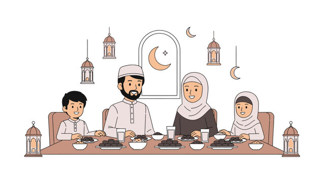Flat vector illustration of a happy Muslim family sitting together at the dining table while breaking fast (iftar) during Ramadan.