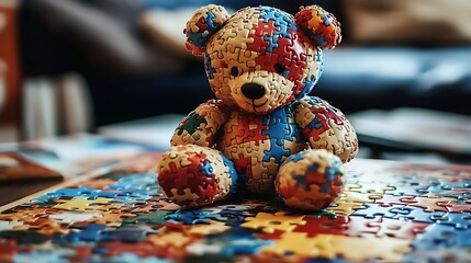 A teddy bear made of puzzle pieces sitting on a giant board game 