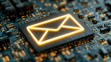 Close-up of a circuit board highlighting an illuminated email icon, symbolizing digital communication and data processing
