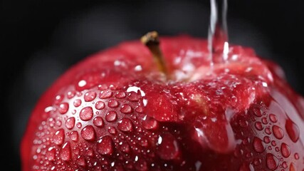 A vibrant and crisp red apple glistening with countless fresh water droplets is meticulously washed under a gentle stream of pure clear water highlighting its natural beauty and refreshing appeal.
