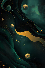 Abstract vector design of planets, 3D shapes, black background, gold and dark green accents, fluid organic shapes. Generative AI