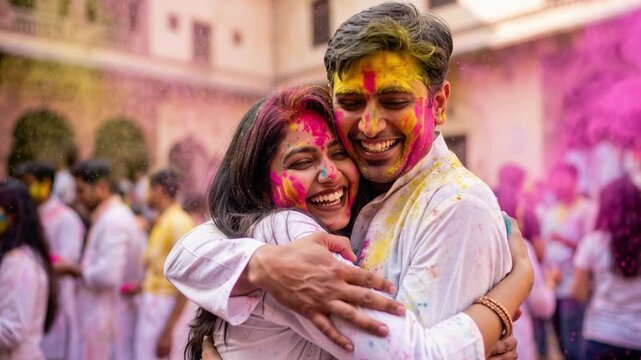 Couple celebrating Holi together with playful romantic color splash