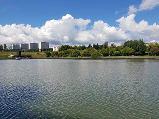 Victory Park and a large city pond in Zelenograd in Moscow, Russia