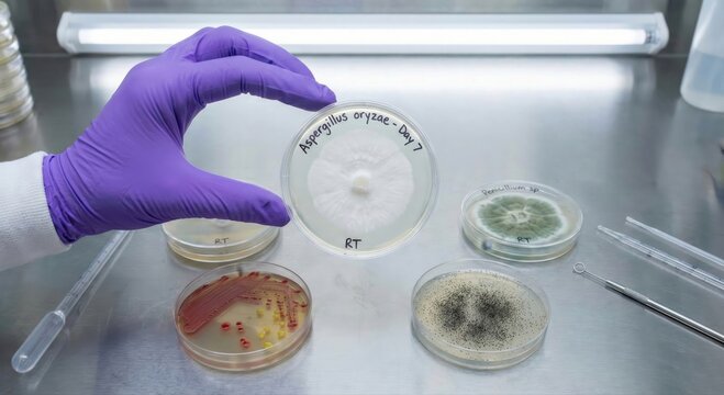 Laboratory research showing Aspergillus oryzae in petri dish with different fungal samples and scientific equipment