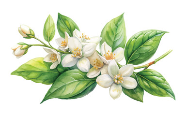 Watercolor Jasmine Flower Branch with Green Leaves Vector