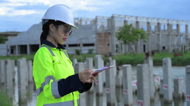 Asian engineer working at site of a large building project,Thailand people,Work overtime at construction site,Team of engineer discus at site