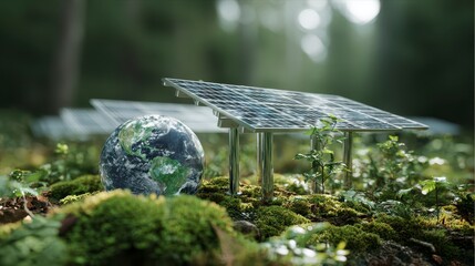 A conceptual visualization shows solar panels installed in a lush forest environment with a globe. The scene depicts earth with an emphasis on renewable energy