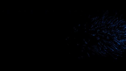 Blue energy particle stream animation. Glowing electric lines flowing forward on black background