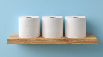 Three rolls of pristine white tissue paper are displayed on a light brown wooden shelf against a pastel blue backdrop. The arrangement is simple and neat
