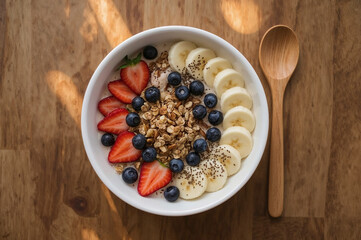 Vibrant Breakfast Bowl with Fresh Fruits, Granola, Chia Seeds, and Almond Milk on Wooden Table