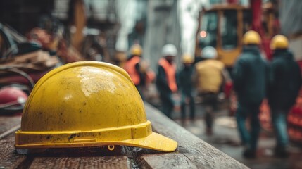 Yellow Safety Helmet on Construction Site with Workers in Background, Focus on Hard Hat Symbolizing Construction and Safety Practices