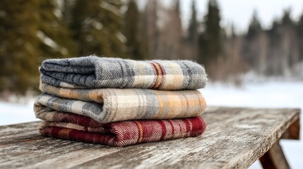 Stacked, folded plaid blankets rest on a weathered wooden surface, with a snow-covered forest background
