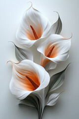 Abstract white calla lily made of paper, 3D render, white background, golden details, fluid lines, brown ink on it. Generative AI