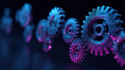 Series of interconnected digital gears representing robust cybersecurity and data privacy protection measures in cloud computing environment. Trust and secure SaaS solutions technology safety concept.