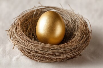 Obraz premium Large golden egg resting securely inside small woven protected bird nest. Nest egg savings on clean light background perfect for retirement planning financial security and wealth accumulation.