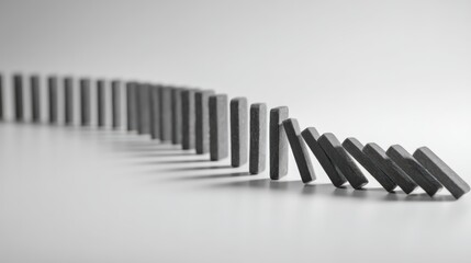 Long dramatic line of standing grey dominoes forming sharp downward financial graph captured mid collapse in chain reaction on sterile white surface. Recession economic crisis and market crash.