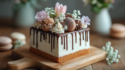 Delicious cake topped with flowers and chocolate.