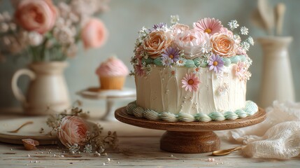Beautiful flower cake on a rustic wooden stand.