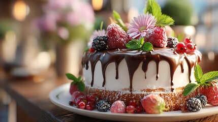 Delicious chocolate cake with fresh berries.
