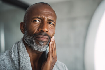 Black man touching his face and checking skin in mirror