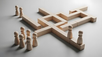 Strategic thinking is essential for success as wooden figures navigate a complex maze, symbolizing the challenges of problem-solving and finding the right path forward through difficult situations