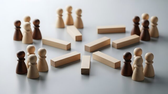 Abstract arrangement of light and dark wooden pawns around barriers, symbolizing social divisions, business challenges, or community group dynamics and separation