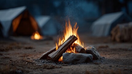A fire is burning in a pile of wood, with a tent in the background. The scene is peaceful and serene, with the fire providing warmth and light in the darkness