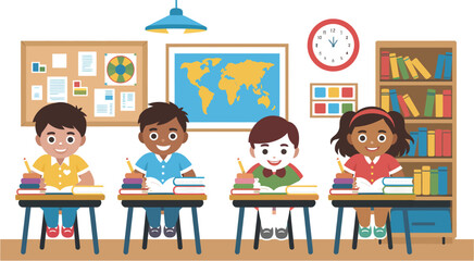 Young students studying diligently in a colorful illustrated classroom with books and world map, education concept, learning environment, school life, knowledge, creativity, childhood, academic growth