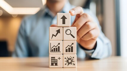 Wooden blocks with business growth and analysis icons stacked in a pyramid formation, symbolizing success and strategy