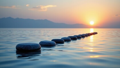 Serene Sunset Over Tranquil Water with Aligned Stones Creating a Pathway to the Horizon