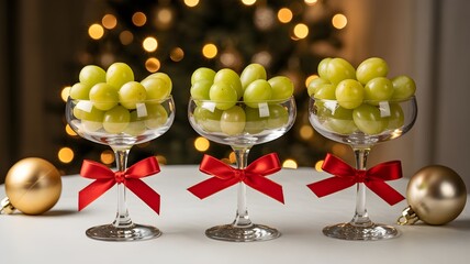 Festive Grape Delight: Three elegant glass bowls, each brimming with plump green grapes and adorned with red ribbon bows, stand ready to grace a table. Soft bokeh background of christmas lights.