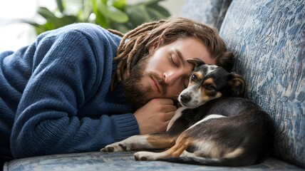 Cozy Nap with a Canine Companion: A peaceful man and a small dog resting together on a comfortable sofa, the tranquil scene is the embodiment of companionship and relaxation. 