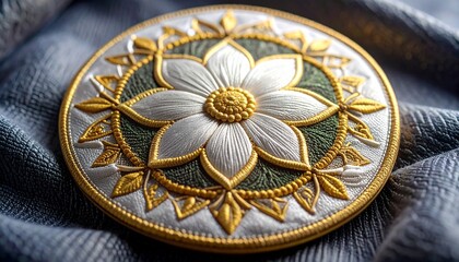 Obraz premium Exquisite luxury embroidery detail featuring a stylized white flower mandala patch with rich gold and dark green threadwork resting on a textured gray textile