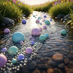 Colorful spherical objects float along a sunlit stream surrounded by lush green grass