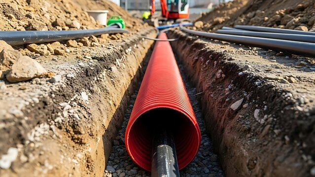 Construction site with red pipe installation.
