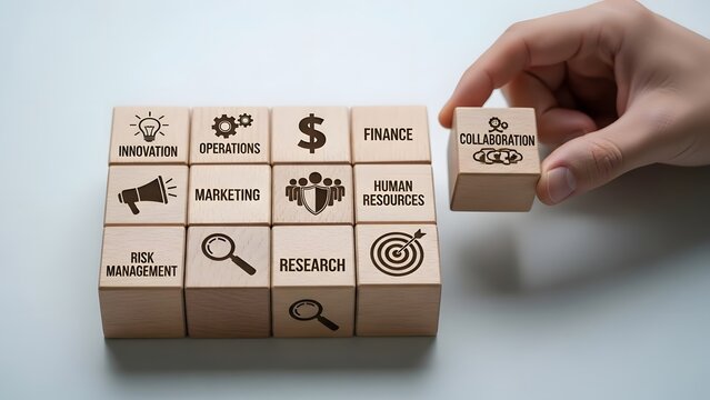 Strategic business collaboration for organizational success, illustrated by a hand placing the final 'Collaboration' block among diverse departmental functions like innovation, finance, and marketing
