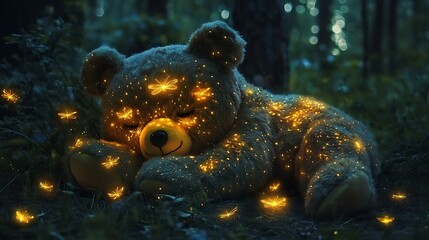A teddy bear with glowing firefly patterns resting in a twilight forest 