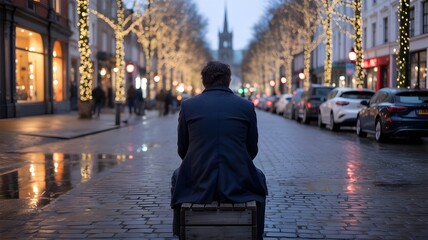 Solitude Amidst Illumination: A solitary figure sits on a suitcase, his back to the viewer, along a rain-slicked street. Lined by glowing streetlights and elegant buildings.