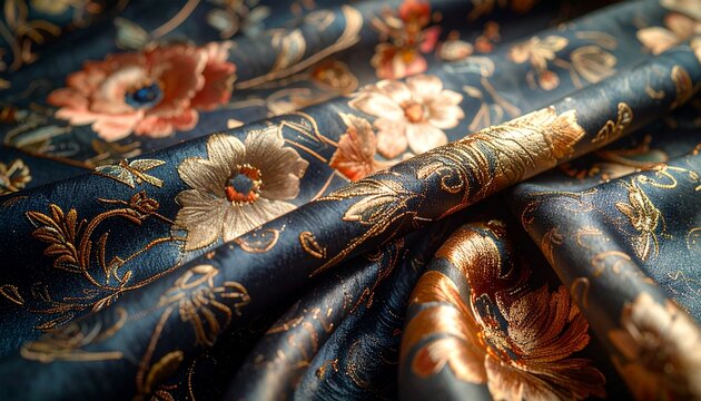 Luxurious deep midnight blue velvet fabric draped with opulent gold thread floral embroidery textured background rich tapestry elegant vintage textile design