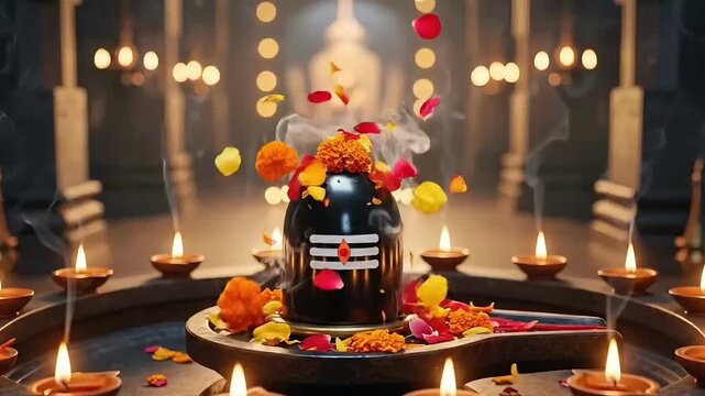 Maha shivaratri spiritual shivling ritual with floating petals glowing lamps and calm temple ambience for hindu devotion meditation festival visuals