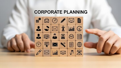 Strategic corporate planning process concept with icons representing different business functions and activities