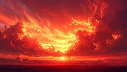 Fiery sunset with intense red and orange clouds surrounding a central light source