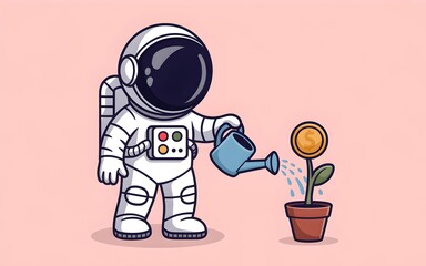 Cosmic Investment: An astronaut waters a money tree, symbolizing financial growth and nurturing investment potential in the vast expanse of space.