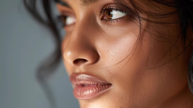 Close-up indian woman with healthy radiant complexion, natural beauty look, soft studio lighting, clean editorial background, skincare natural