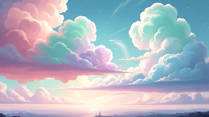 Dreamy Surreal Fantasy Sky with Oversized Cotton Clouds in Soft Pastel Glow