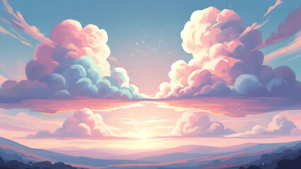 Dreamy Surreal Fantasy Sky with Oversized Cotton Clouds in Soft Pastel Glow